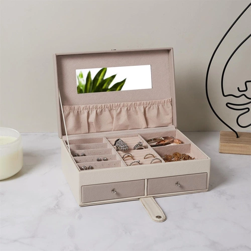 Velurový krémový organizér na šperky Lady Intesi se zrcadlem a šuplíky
