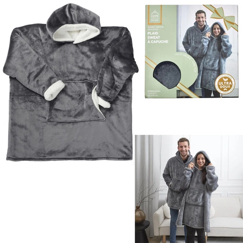 Intesi Snuddie teplá mikinová deka s kapucí šedá, měkká deka na gauč do obýváku