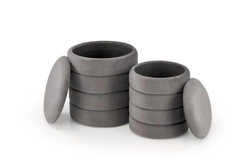 Sada 2 sametových šedých pufů s úložným prostorem kulatých do obýváku glamour Intesi