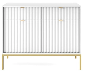 Bílá rýhovaná komoda Delicious se zásuvkami na zlatých nohách 104 cm moderní do obýváku