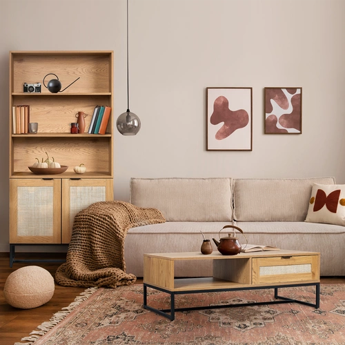 Konferenční stolek Capri obdélníkový boho s ratanovým čelem a zásuvkou do obývacího pokoje 120x60 cm