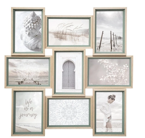 Rámeček na 9 fotografií 10x15 Molly zelený přírodní závěsný na zeď skandinávský