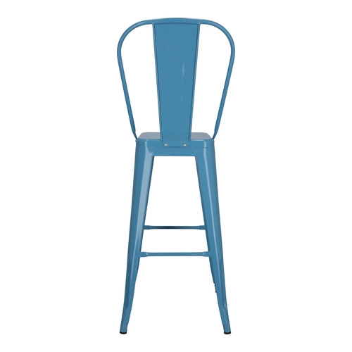 Barová židle Paris Back 75 cm modrá kovová s opěrkou do kuchyně a k ostrůvku loftová
