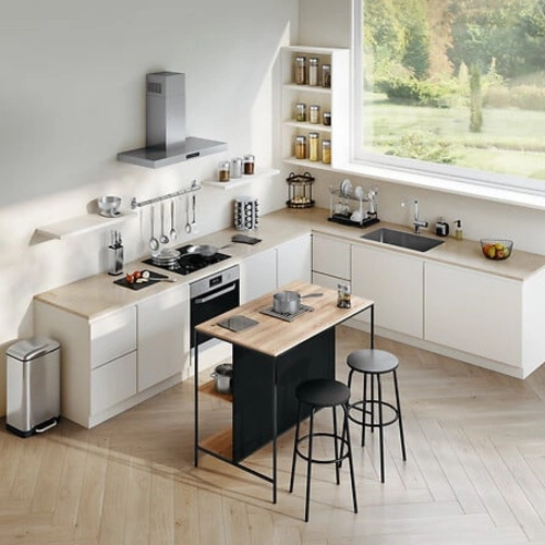 Industriální barový ostrůvek Aliaj do kuchyně s policemi, obdélníková dubová deska a černé nohy 95 cm