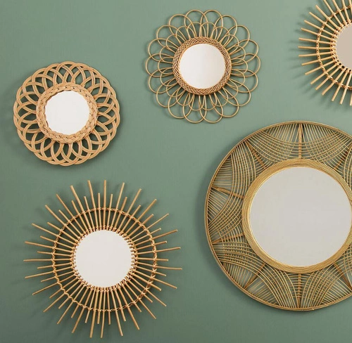 Kulaté boho zrcadlo Atmosphera z ratanu na stěnu do obýváku a předsíně 76 cm