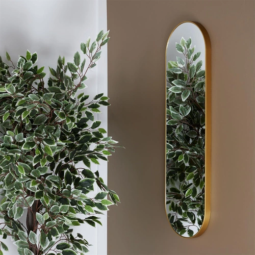 Oválné zrcadlo Camomille zlaté závěsné do koupelny a ložnice ve zlatém rámu 100x30 cm