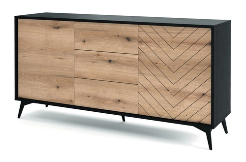 Komoda Fargo 154 cm moderní s zásuvkami na nožkách do obýváku dub a černá Intesi