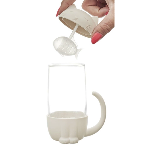 Skleněný hrnek Kawaii s filtrem kočička s rybičkou 300ml na čaj Intesi moderní
