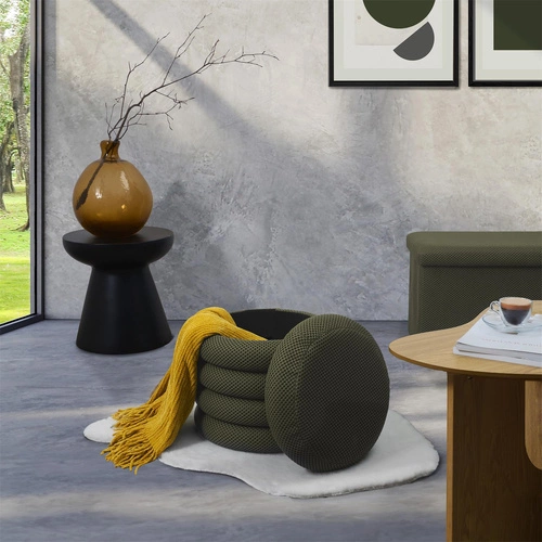 Okrúhlý čalouněný taburet s úložným prostorem Atom khaki do obýváku a ložnice 42 cm