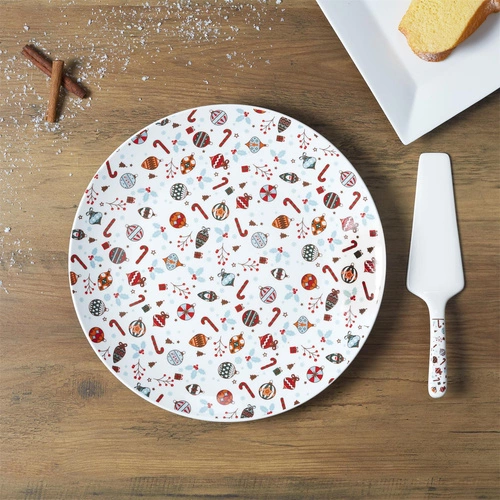 Bílý keramický dortový talíř s lopatkou Intesi Vánoční 30 cm do jídelny