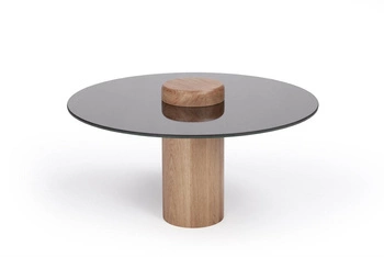 Kulatý konferenční stolek se skleněnou zrcadlovou deskou 63 cm dubový moderní do obýváku NORDIFRA