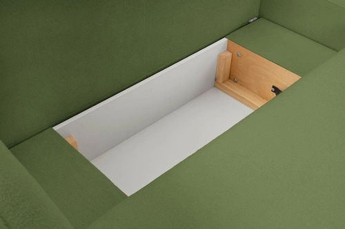 Rohová rozkládací pohovka levá Salby zelená moderní do obýváku s úložným prostorem