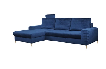 Moderní levý rohový gauč Hald, modrý samet, rozkládací, do obývacího pokoje