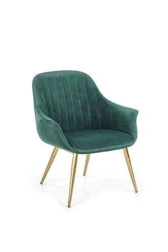 Zelené sametové křeslo Dasco ve stylu glamour s područkami na zlatých nohách do obýváku