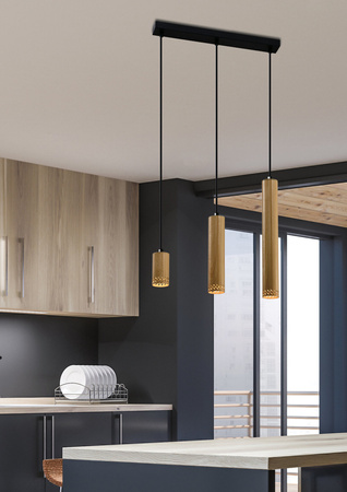 Závěsná lampa Tubo černá 3x25W GU10 se stínítkem ze smíšeného dřeva