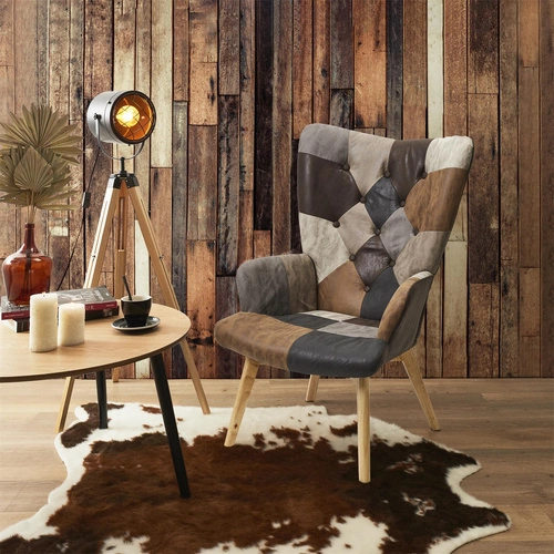 Křeslo ušák Helsinki do obýváku hnědý skandinávský patchwork s vysokými nohami Intesi