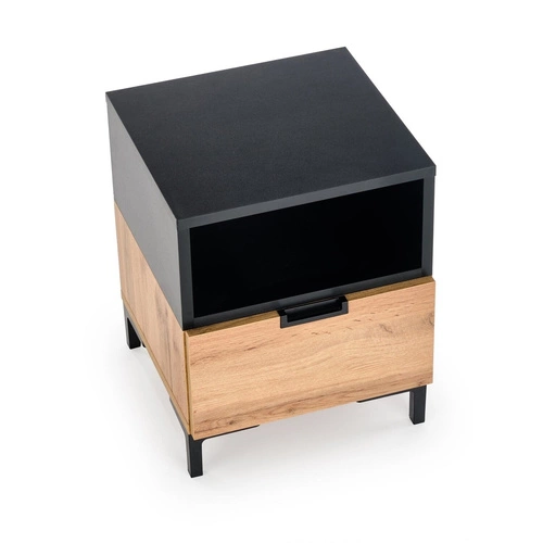 Noční stolek Intesi Tisaia 40 cm dub wotan/černá se zásuvkami, moderní styl do ložnice