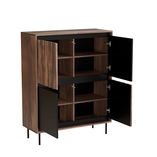 Moderní ořechová komoda Miri s frézovanými dvířky na černých nohách 102 cm do obýváku