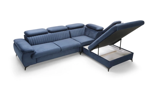 Moderní rohová rozkládací pohovka Lund L pravá, modrá, s úložným prostorem do obýváku