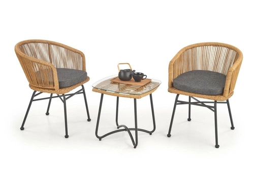 Konferenční stolek Surabaya čtvercový boho ratanový se skleněnou deskou černý do obýváku 51x51 cm