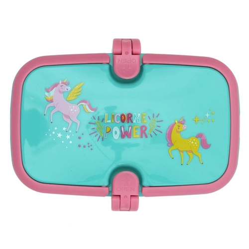 Dětský svačinový box Jednorožec Intesi – modrá plastová uzavíratelná krabička do školy 16,5 cm