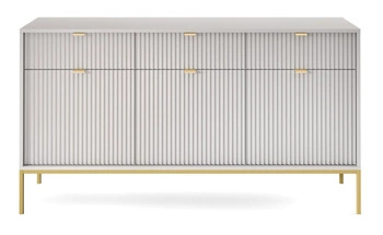 Šedá rýhovaná komoda Delicious se zásuvkami 154 cm na zlatých nohách do moderního obýváku