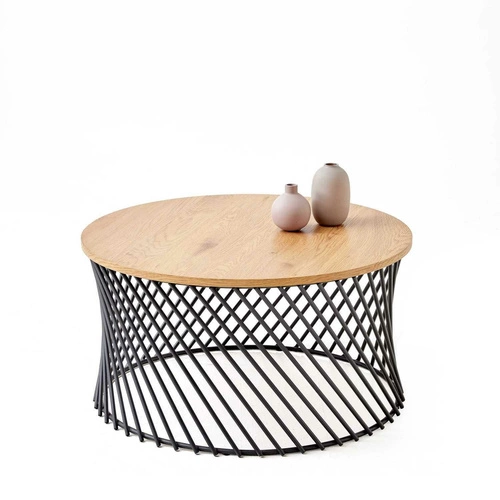 Konferenční stolek Rewal kulatý 80 cm dub zlatý černý loftový do obýváku moderní