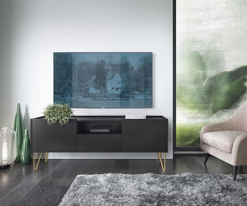 Černá TV komoda Marbren 144 cm moderní se zásuvkou a zlatými nohami do obýváku Intesi