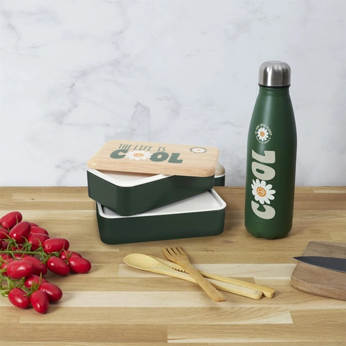 Dvoupodlažní zelený lunchbox Intesi s dřevěným víkem a lahví do práce nebo školy