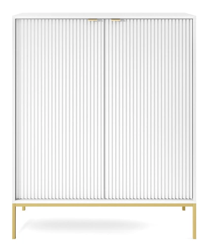 Vysoká bílá komoda s drážkováním Delicious Intesi moderní na zlatých nožkách do obýváku 125 cm