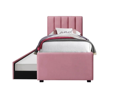 Čalouněná postel pro mládež Ovilea Velvet růžová 90x200 s vysokým čelem do ložnice