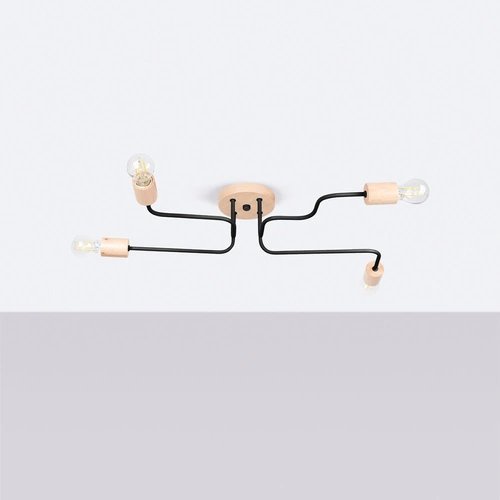 Loftový lustr TIMBO 4 černý s dřevem do obýváku a jídelny rozptýlené světlo