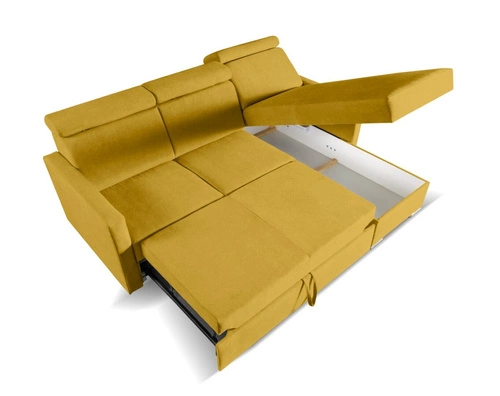 Rohová rozkládací pohovka Mils hořčicová moderní do obýváku s úložným prostorem Intesi