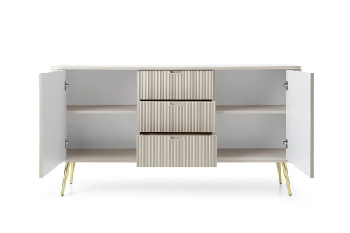 Moderní béžová komoda Seda s drážkováním a zásuvkami na zlatých nožkách do obýváku