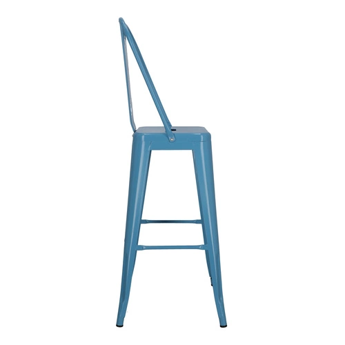 Barová židle Paris Back 75 cm modrá kovová s opěrkou do kuchyně a k ostrůvku loftová