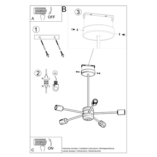 Moderní černý lustr LANGO 5-ramenný do obýváku a jídelny industriální