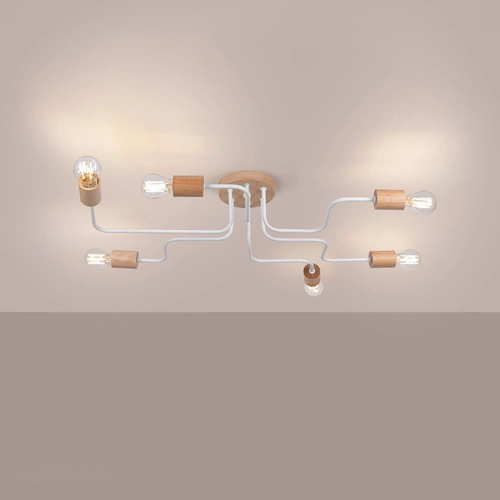 Loftový lustr TIMBO 6 bílý s dřevem moderní stropní svítidlo do obýváku