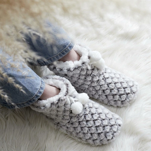 Intesi šedé domácí ponožky s bambulkami z polyesteru, teplé bačkory 36-41