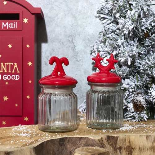 Vánoční skleněná dóza s víčkem ve tvaru cukrové tyčinky Intesi červená 125ml