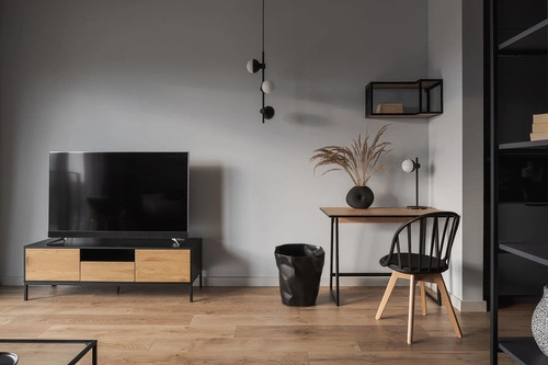 Komoda Seaford 140 cm černá přírodní dub industriální se zásuvkami do obýváku RTV Actona