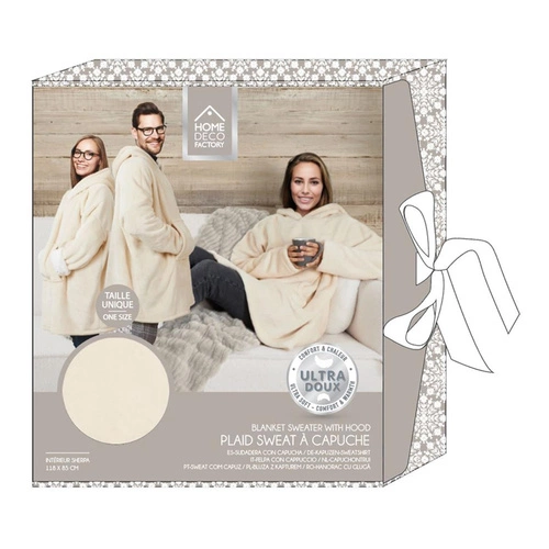 Bluzo deka s kapucí Intesi béžová teplá deka na gauč do obýváku 120x80 cm