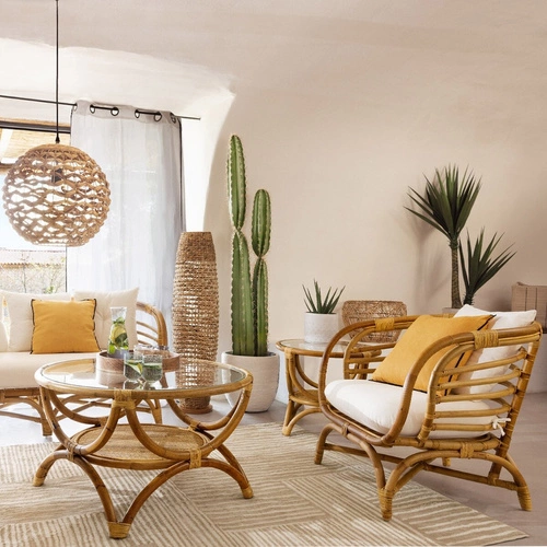 Kulatý konferenční stolek Farah 60 cm ratanový s policí boho skleněný do obýváku Atmosphera