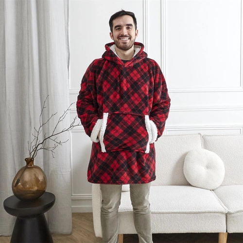 Bluzo deka s kapucí Intesi snuddie hřejivý fleecový kostkovaný na zimní večery