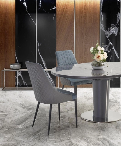 Rozkládací kulatý jídelní stůl Cardo Intesi šedý moderní na jedné noze 120–160 cm