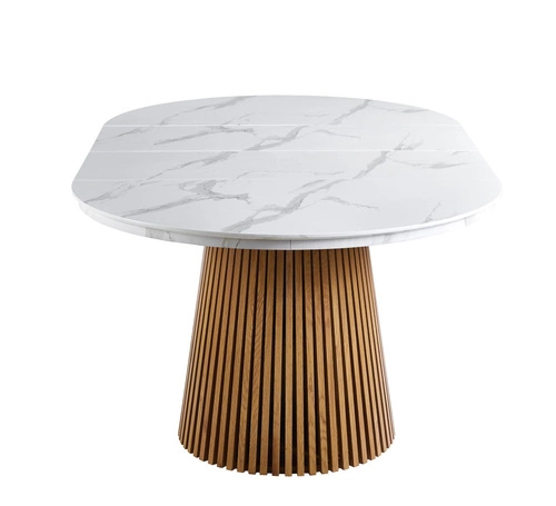 Rozkládací jídelní stůl Kyoto kulatý 120/200 cm bílý mramor dub moderní do jídelny a obýváku