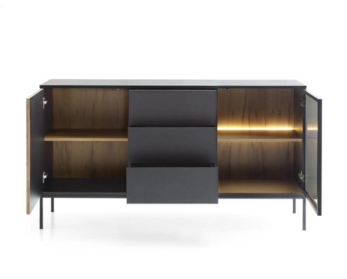 Komoda Novel 154 cm s šuplíky a LED, černá dub wotan, industriální do obýváku