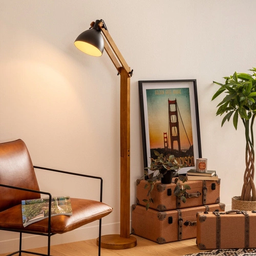 Stojací lampa do obýváku Cuba Atmosphera dřevěná černá nastavitelná moderní s textilním stínidlem