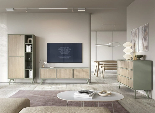 Dřevěný TV stolek Sage 160 cm do obýváku boho glamour s čelní deskou v rybí kostře Intesi