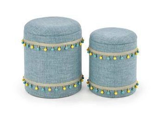 Sada 2 modrých kulatých taburetů Eblis s úložným prostorem, čalouněné do obýváku a dětského pokoje