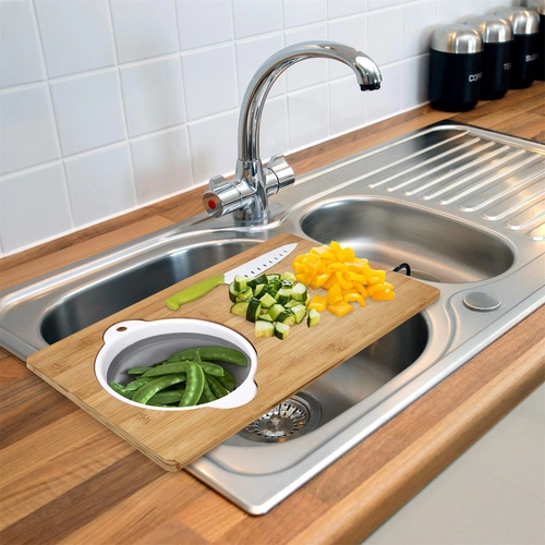 Intesi bambusové prkénko na krájení se sítkem na zeleninu a ovoce moderní 49,5x28 cm